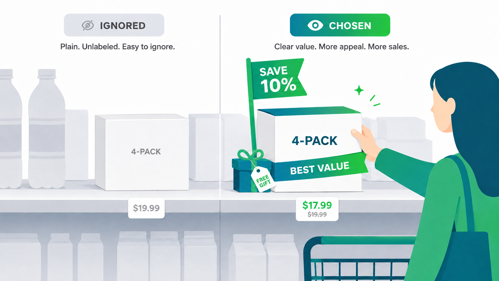 Two identical 4-packs on a supermarket shelf. The left one is plain, unlabelled and ignored. The right one carries a SAVE 10% flag, a BEST VALUE ribbon, a free-gift box and a crossed-out price, and a shopper is reaching for it.